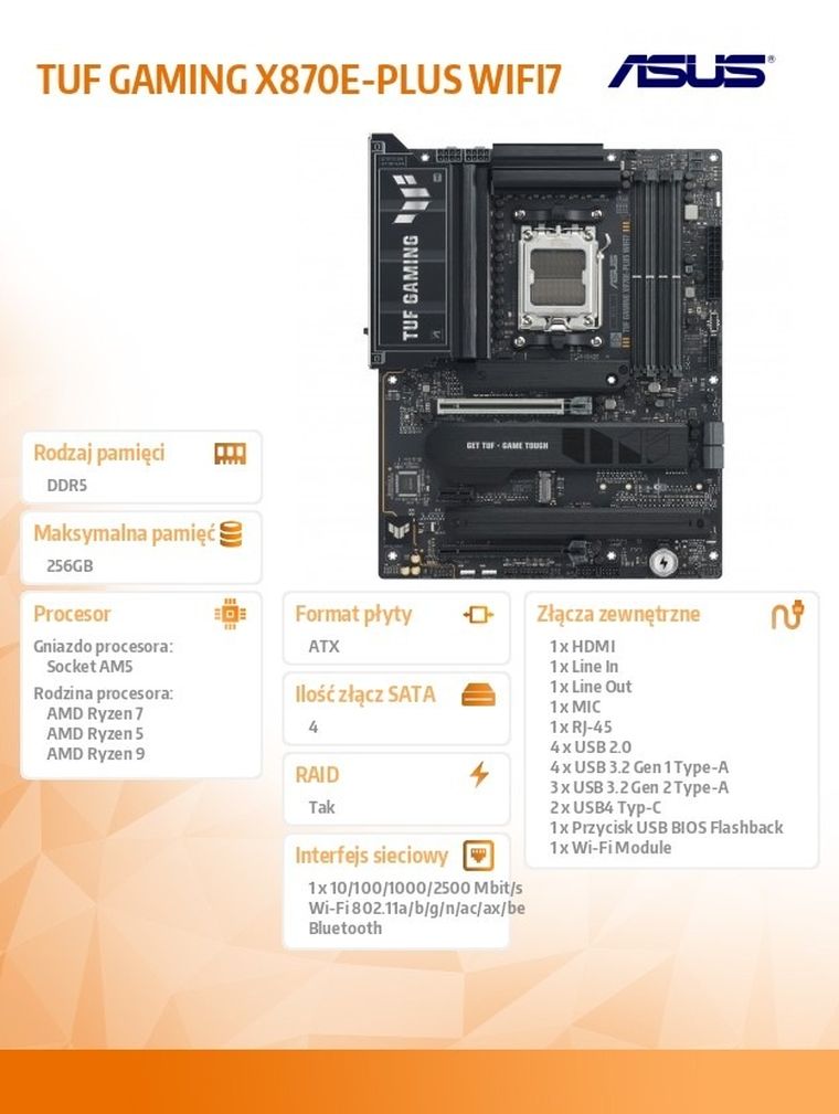 Asus, płyta główna, TUF GAMING X870E-PLUS WIFI
