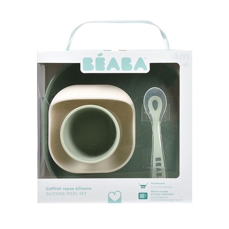 Beaba, komplet naczyń z silikonu z przyssawką, sage green