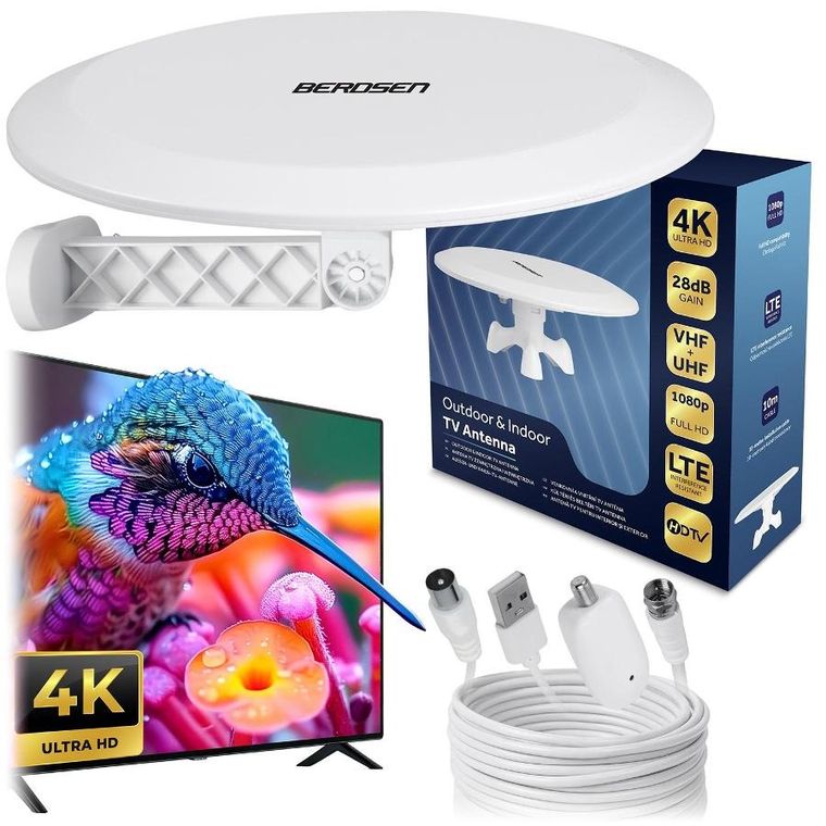 Berdsen, antena wewnętrzna zewnętrzna TV, ultra HD 4K, biała, BD-955