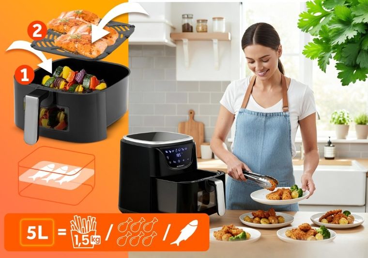 Berdsen, frytkownica beztłuszczowa, air fryer, czarno-srebrna, 5l, BD-652