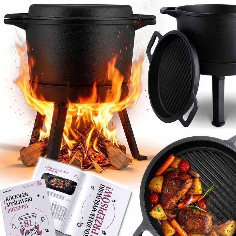 Berdsen, kociołek żeliwny, demontowany, garnek i patelnia, 8l