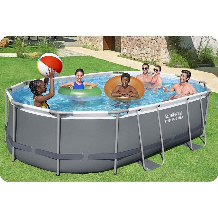 Bestway, basen stelażowy z pompą filtrującą i akcesoriami, owalny, 488-305-107 cm, zestaw 12w1