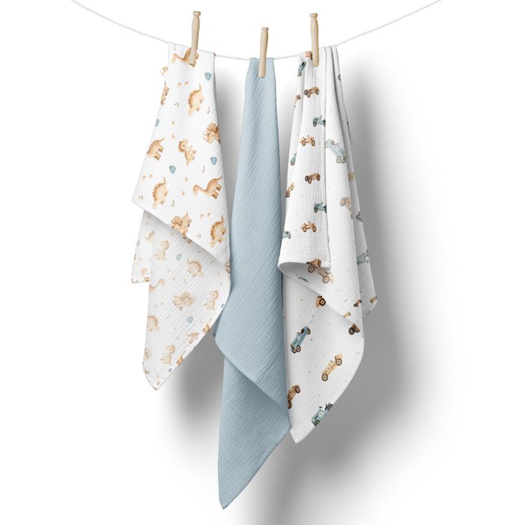 Bocioland, pieluszki muślinowe, niebieskie, 70-70 cm, 3 szt.