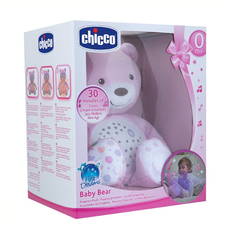 Chicco, First Dreams, Miś z Projektorem, maskotka, uspokajacz z dźwiękami, muzyka klasyczna, różowy
