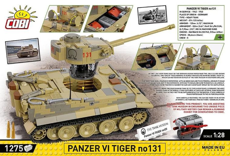 Cobi, Historical Collection WWII, Panzer VI Tiger no131, 1:28 klocki, 1275 elementów