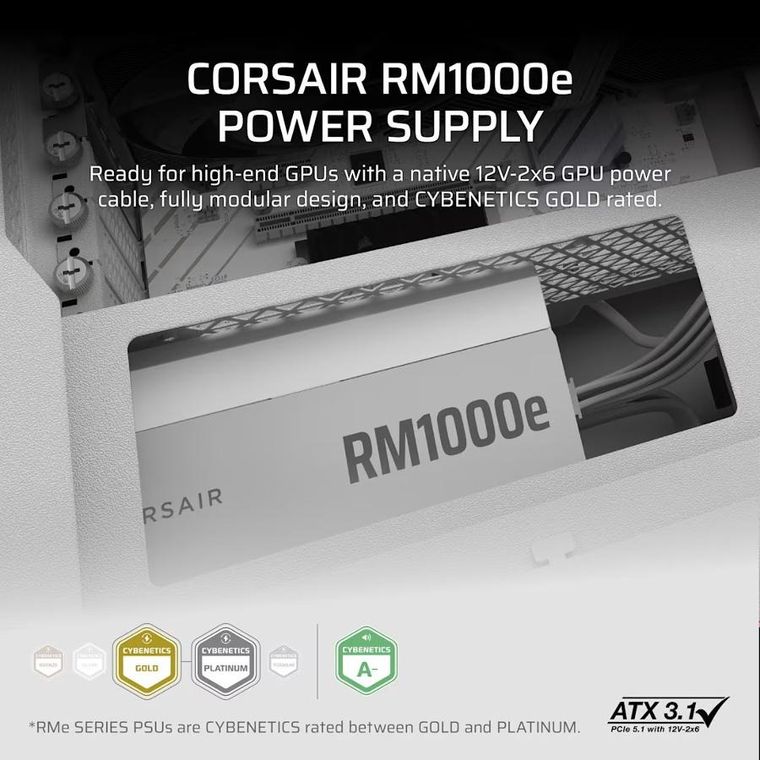 Corsair, zasilacz, RM1000e 2025, White, 1000W, ATX 3.1