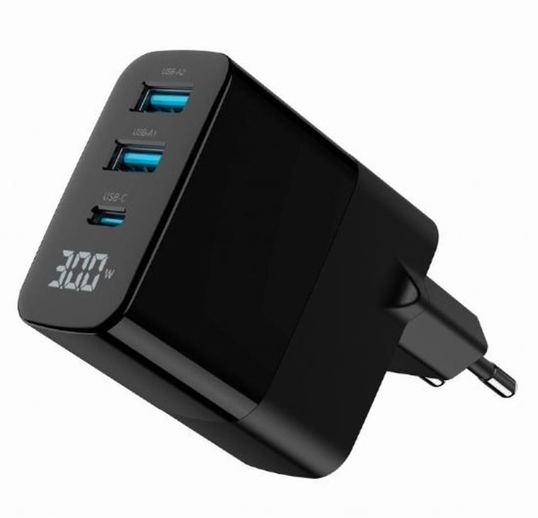 Gembird, szybka ładowarka sieciowa, 3-portowa, USB-A + USB TYP-C, 30W, LCD, czarna