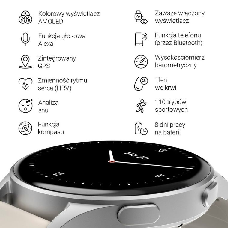 Hama, Smartwatch 8900, GPS, Amoled 1.3, szara koperta, srebrna ramka, pasek silikonowy