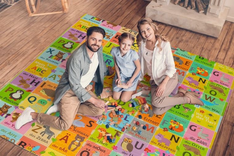 Humbi, dwustronna mata edukacyjna z pianki XPE, alfabet niemiecki i wieś, 180-200 cm