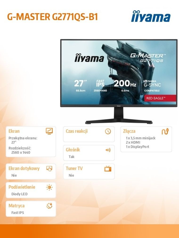 Iiyama, monitor, 27", G2771QS-B1, QHD, Fast IPS, DP, 2xHDMI, 200Hz, 350cd
