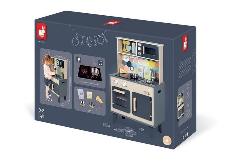 Janod, drewniana kuchnia z dźwiękiem, światłem LED i 6 akcesoriami