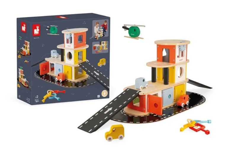 Janod, drewniany garaż piętrowy, zestaw z akcesoriami