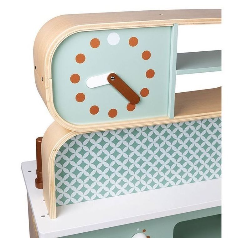 Janod, kuchnia z pralką, dwustronna, drewniana, 2w1, z dźwiękiem, światłem LED z 8 akcesoriami