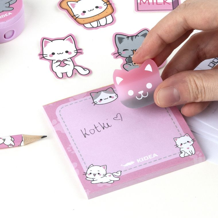 Kidea, piórnik podwójny z wyposażeniem, transparentny, kocia kolekcja, 10 elementów