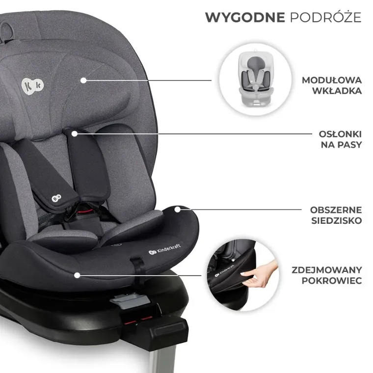 Kinderkraft, fotelik samochodowy 360, I-size, Grey, 40-150 cm