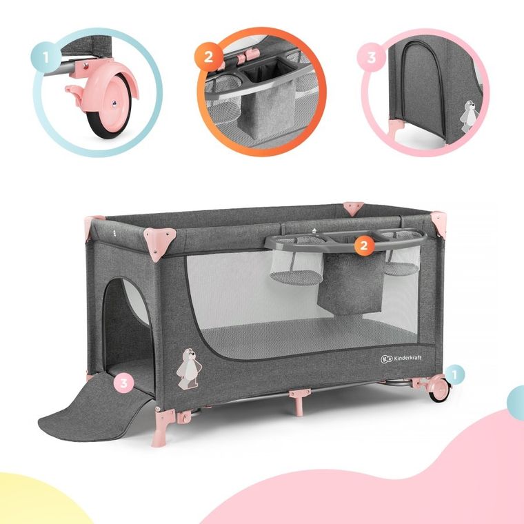 Kinderkraft, Joy, łóżeczko turystyczne z akcesoriami, szaro-różowe