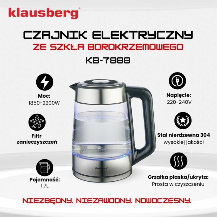 Klausberg, czajnik elektryczny, szklany, 1,7l, LED, RGB, KB-7888