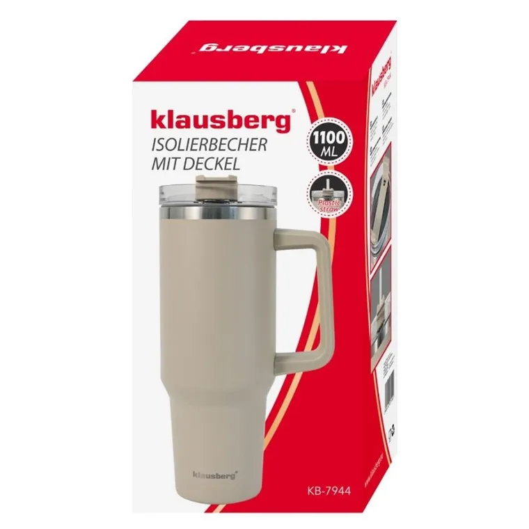 Klausberg, kubek termiczny, z rączką i słomką, stalowy, 1100 ml, kb-7944