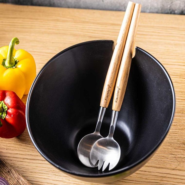 Klausberg, porcelanowa misa do sałat z przyborami, czarna, kb-7786