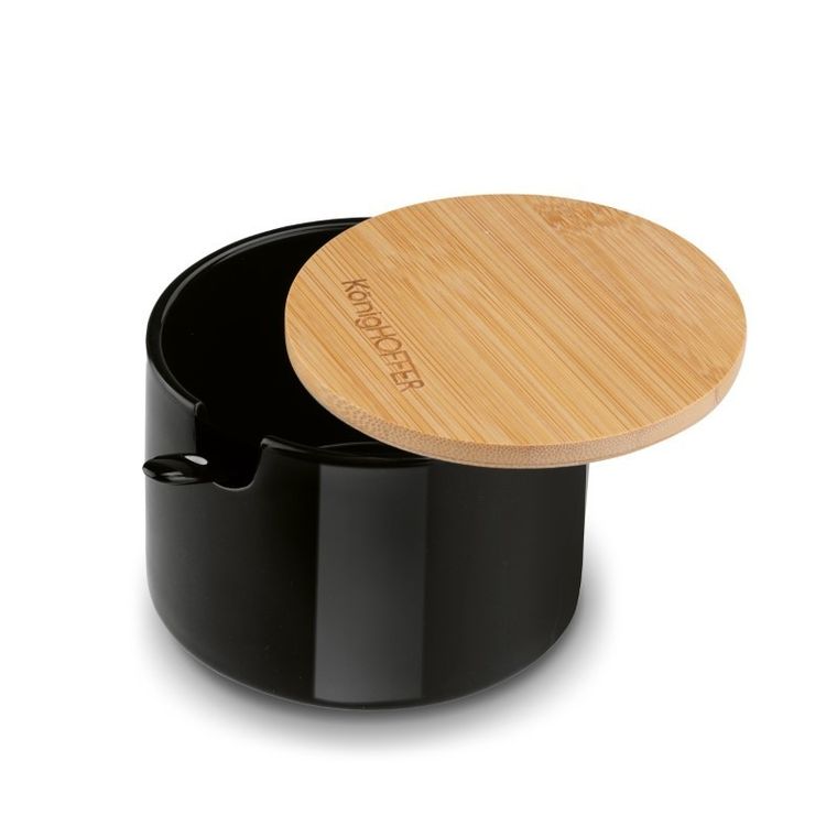 Könighoffer, cukiernica z łyżeczką i bambusową pokrywką, porcelanowa, czarna, 350 ml