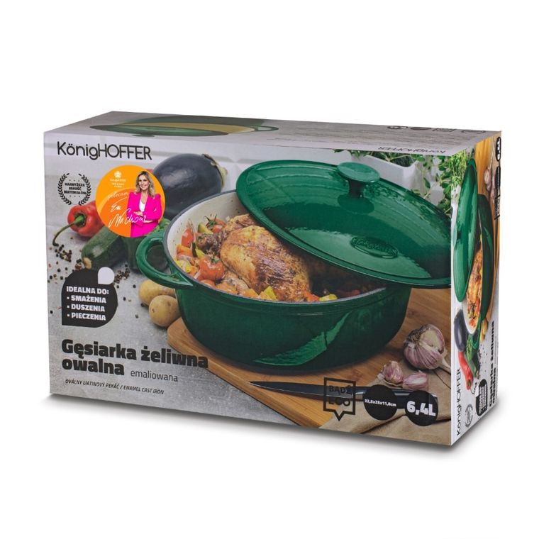 Könighoffer, gęsiarka żeliwna, emaliowana, owalna, szmaragdowa, 6,4 l, 32,5-25-11,8 cm