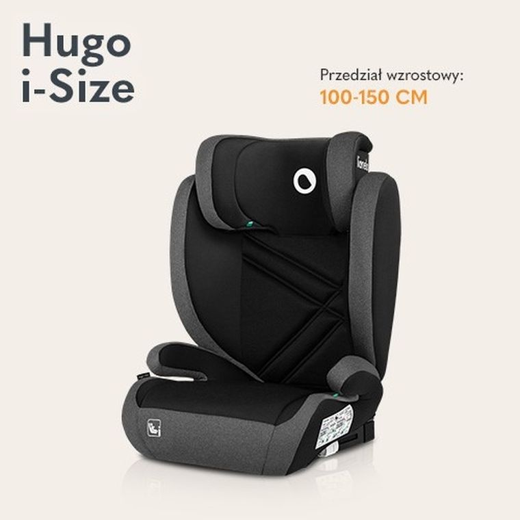 Lionelo, Hugo, I-size, fotelik samochodowy, Black Grey, 100-150 cm