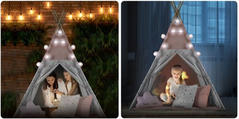 Nukido, namiot tipi dla dzieci z girlandą i światełkami, różowy