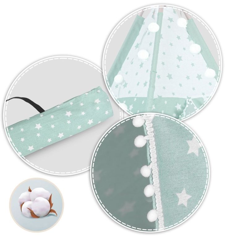 Nukido, namiot tipi dla dzieci ze światełkami, miętowe w gwiazdki