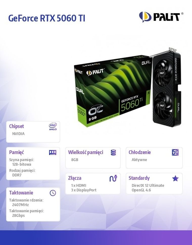 Palit, karta graficzna, GeForce RTX 5060 TI DUAL OC 8GB GDDR7 128bit 3DP/HDMI