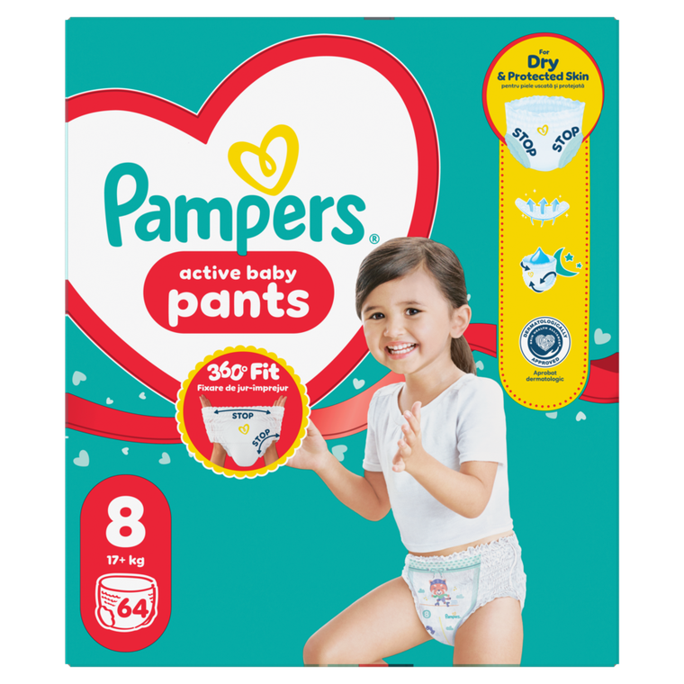 Pampers, Active Baby, pieluchomajtki, rozmiar 8, 17+ kg, 64 szt.