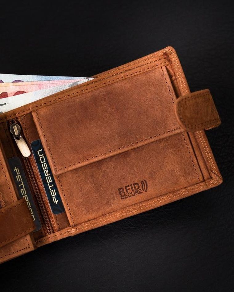 Portfel, brązowy, skórzany, RFID, Peterson