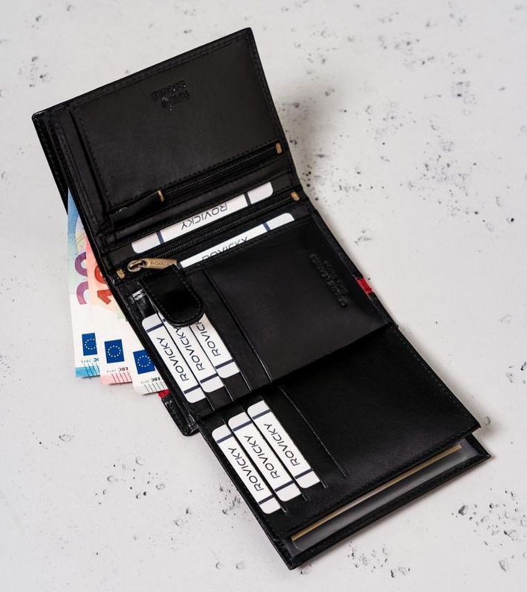 Portfel, czarno-czerwony, skórzany, RFID, Rovicky