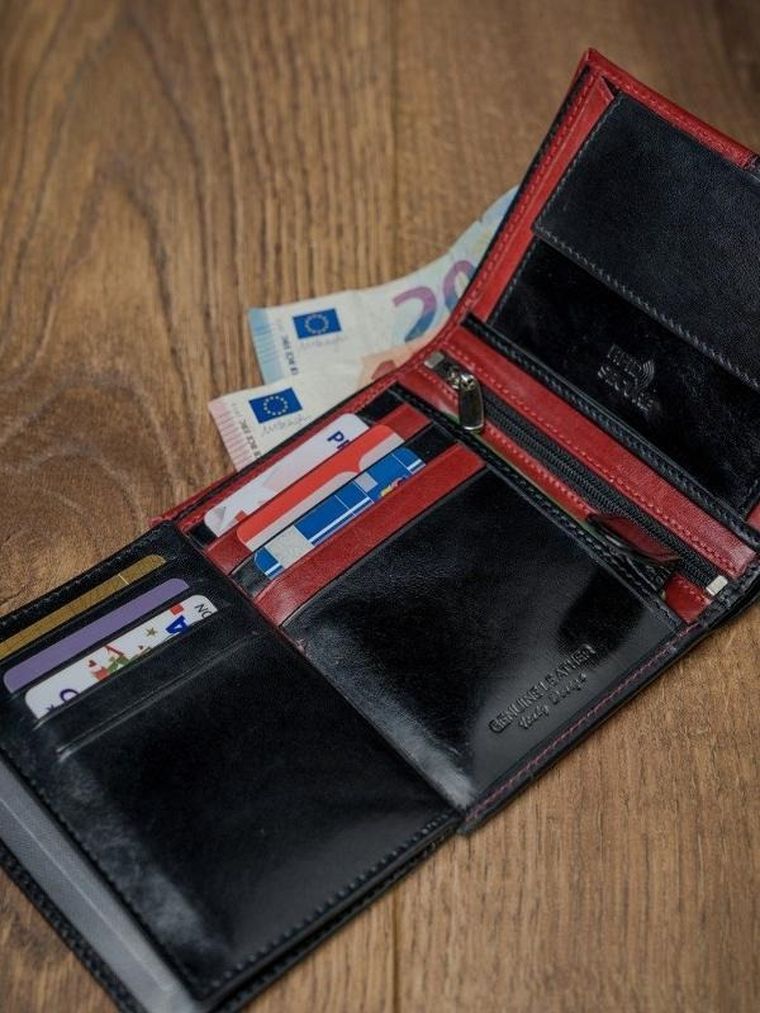 Portfel, czerwono-czarny, skórzany, RFID, Rovicky