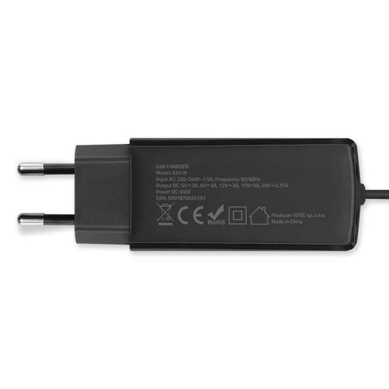 Qoltec, ładowarka sieciowa, 65W, GAN, 5-20V, 3-3.25A, USB 3.1