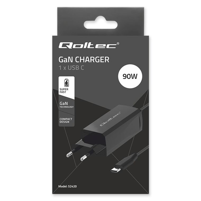 Qoltec, ładowarka sieciowa, 90W, GAN, 5-20V, 3-4.5A, USB-C 3.1
