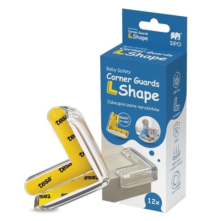 Sipo, zestaw silikonowych, transparentnych zabezpieczeń narożników mebli, kształt L, 12 szt.