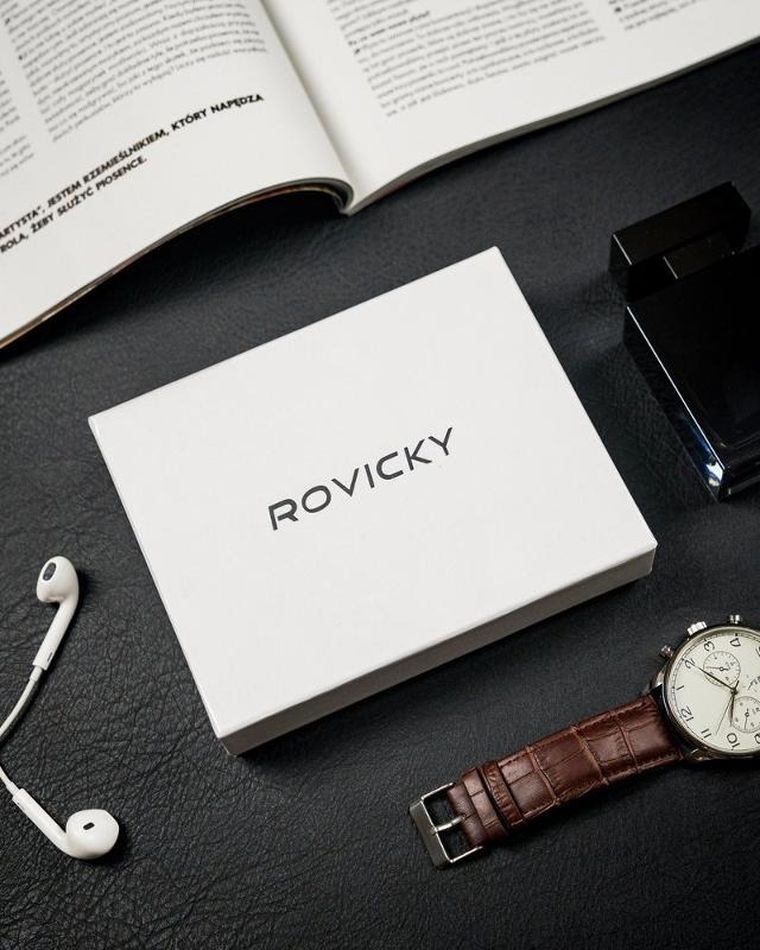 Składany, pionowy portfel męski z kieszonką na suwak, skóra naturalna, Rovicky