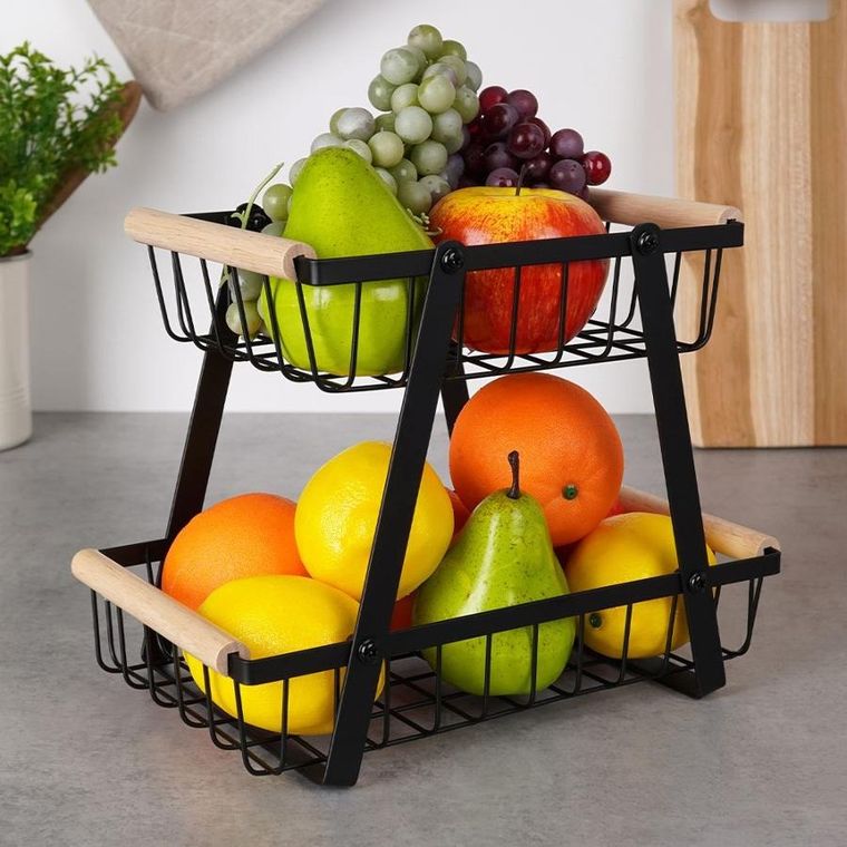 Vilde, koszyk na owoce, metalowy czarny, 2-poziomowy