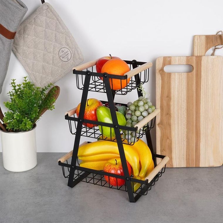Vilde, koszyk na owoce, metalowy czarny, 3-poziomowy