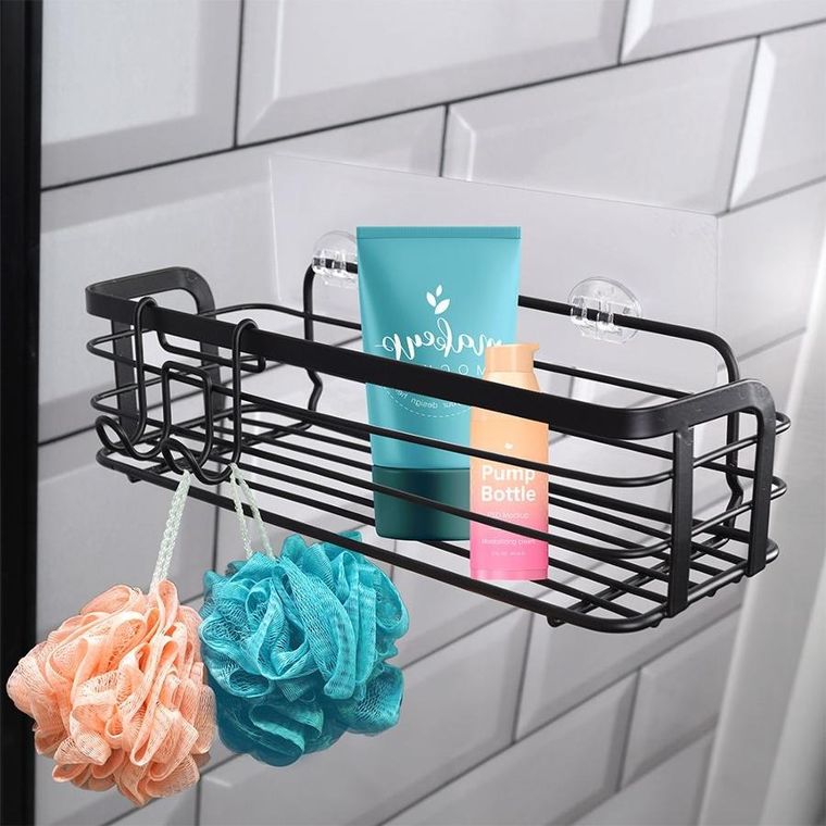 Vilde, półka pod prysznic, metalowa czarna, przyklejana, 29.5-10.5-8 cm