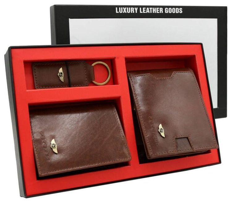 Zestaw: Portfel, Etui na karty, Brelok, brązowy, skórzany, RFID, Peterson