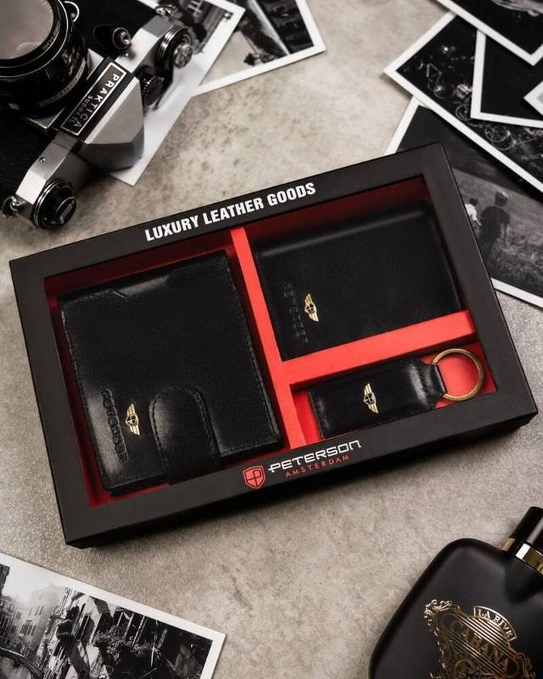 Zestaw: Portfel, Etui na karty, Brelok, czarny, skórzany, RFID, Peterson