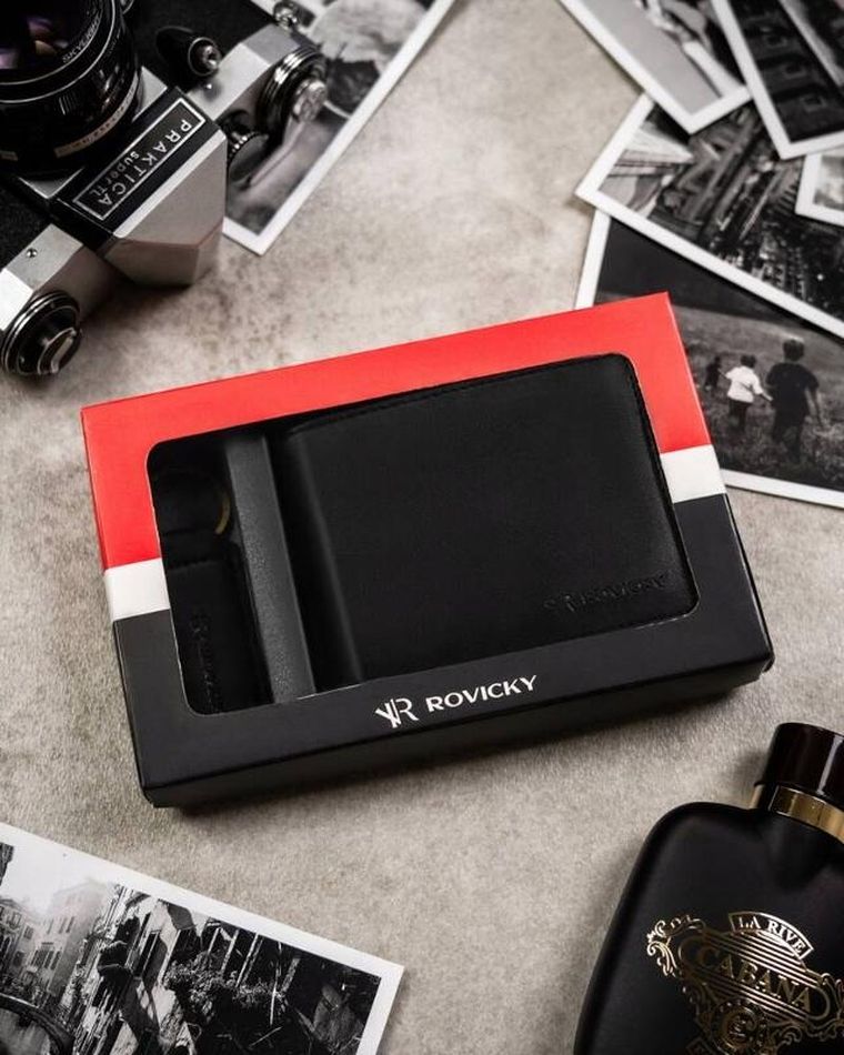 Zestaw prezentowy: Portfel, Brelok, czarny, skóra ekologiczna, RFID, Rovicky