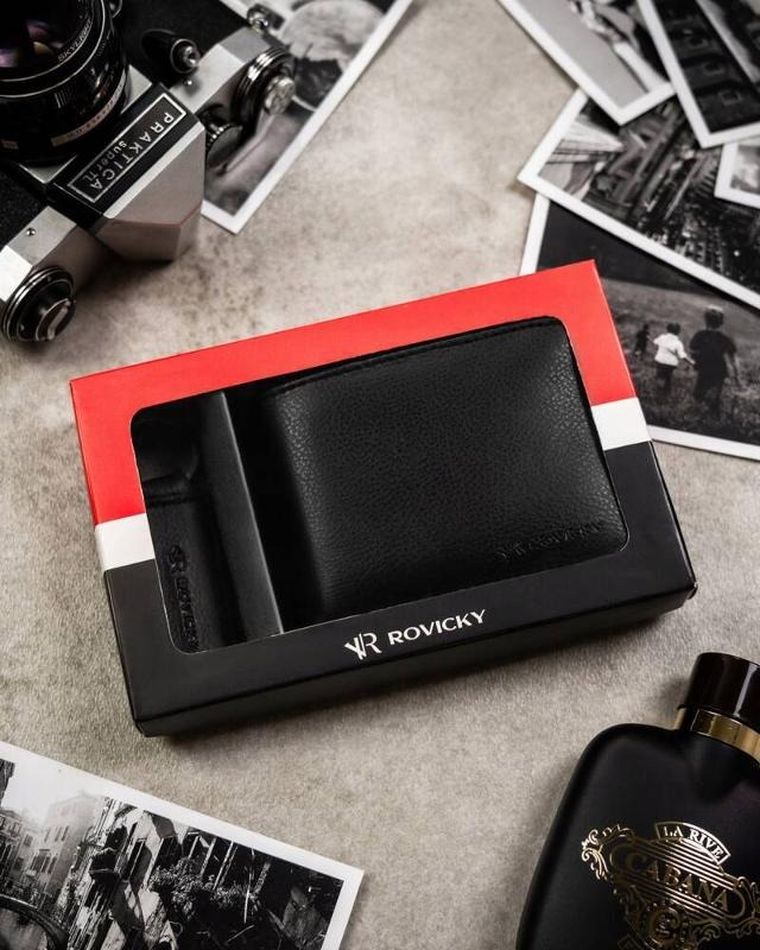 Zestaw prezentowy: Portfel, Brelok, czarny, skóra ekologiczna, RFID, Rovicky