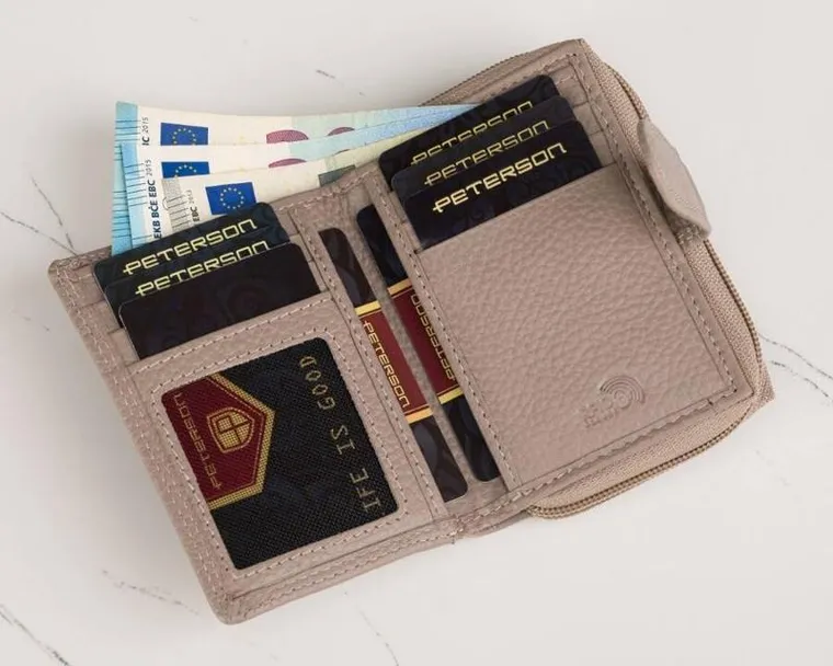 Zestaw: Torebka skórzana, Portfel, beżowy, Peterson