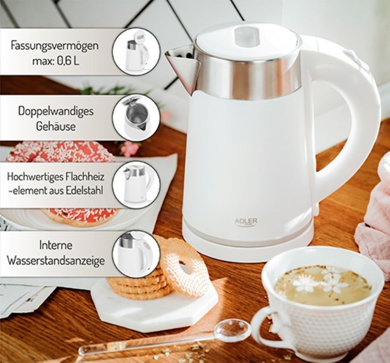 Adler, czajnik elektryczny, biały, 0,6l, AD 1372