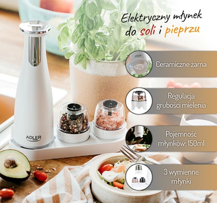 Adler, młynek elektryczny do przypraw, soli i pieprzu, 3w1, AD 4449w