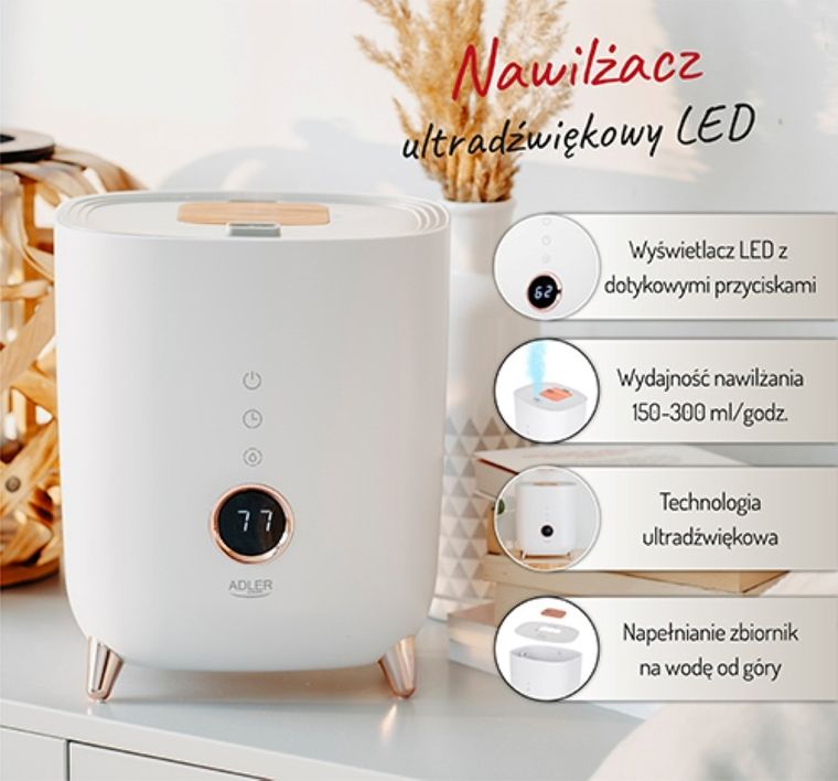 Adler, nawilżacz ultradźwiękowy LED