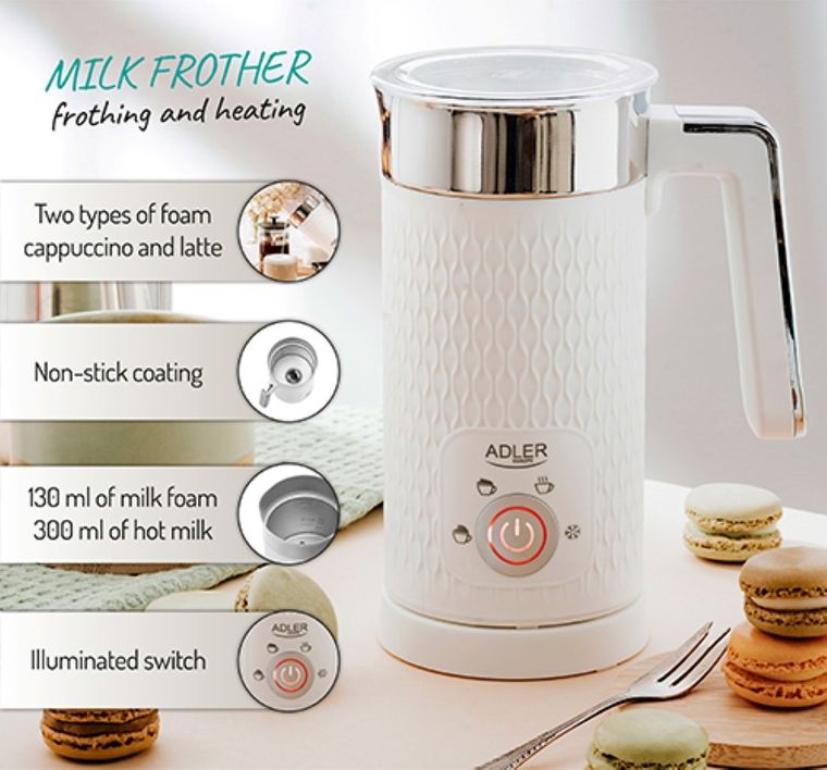 Adler, spieniacz do mleka 2w1, spienianie i podgrzewanie (latte i cappucino), AD 4494, biały
