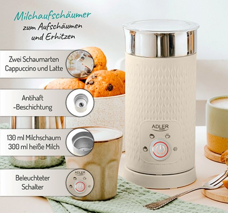 Adler, spieniacz do mleka 2w1, spienianie i podgrzewanie (latte i cappucino), AD 4495, kremowy